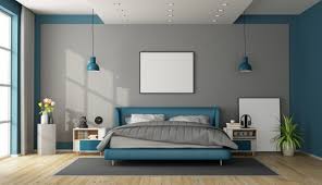 Open shelf provides additional storage; Premium Photo Blue And Gray Modern Bedroom
