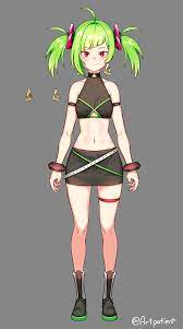 artpatient, delutaya, indie virtual youtuber, absurdres, highres, 1girl,  ahoge, artist name, bare shoulders, black skirt, bracelet, breasts,  clothing cutout, crop top, diagonal bangs, earrings, full body, gold  earrings, green hair, grey background,