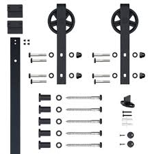 Soft Closed Hook Strap Black Rolling Barn Door Hardware Kit With 5 In Wheel Nt140008w08sc The Home Depot Barn Door Hardware Barn Door Sliding Door Hardware