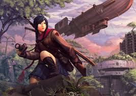 The Urban Explorer Picture 2d Ruin Urban Singapore Orchard Girl Zeppelin Airship Steampunk Digital Illustration Concept Art Digital Artwork