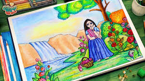 How To Draw A Girl In Garden Scenery Scenery Drawing Easy Easy Drawings Scenery Drawing For Kids Art Drawings For Kids
