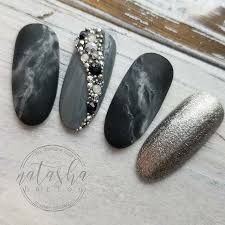 Black And Grey Nails Nail Design Set With Dark Black Grey Marble Design Silver Gel Polish And Beads And Rhineston Grey Nail Designs Nails Design With Rhinestones Rhinestone Nails