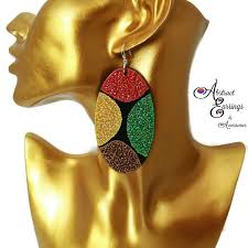 Long Oval Earrings Afrocentric Rasta Reggae Pan African Wooden Earrings Hand Painted Wood Natural Hand Painted Earrings Abstract Earrings Handmade Jewelry Diy