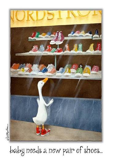 baby needs a New pair Greeting Card by Will Bullas | Duck Shopping for Sneakers