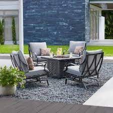Hampton bays, new york, united states of america. Hampton Bay Highland Point Black Pewter 5 Piece Aluminum Outdoor Patio Fire Pit Set With Cushionguard Pewter Gray Cushions Fg Tul5pcfcalwc The Home Depot Fire Pit Sets Outdoor Fire Pit Conversation Set Patio
