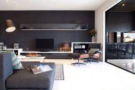 Geradliniges Design Wohnwand Aus Holz Nachbildung Wandfarbe Schwarz Einrichtungsideen Fur Kleine Raume Wohnzimmer Design Wohnen