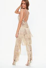 Missguided Synthetic Rose Gold Sequin Fringe Jumpsuit In Metallic Lyst