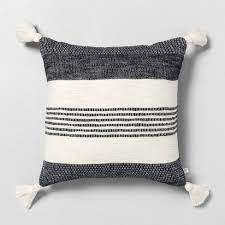 Add this throw pillow in the mix with your favorite patterns to add a splash of color. 18 X 18 Center Stripes Tassel Throw Pillow Railroad Gray Hearth Hand With Magnolia Target