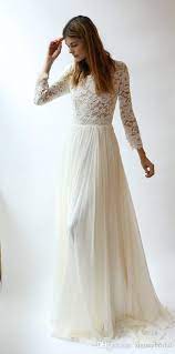Discount Long Sleeves Lace Modest Wedding Dresses With Long Lace Sleeves Bohemian Elegant A Line Floor Length Boho Bridal Dress Beach Wedding Wedding Dress Bran Wedding Dress Brands Boho Bridal Dress