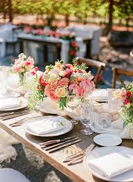 Coral Peach Pink Wedding Centerpieces On Farm Tables In 2020 Pink Wedding Centerpieces Peach Pink Wedding Sonoma Wedding