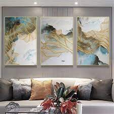 Framed 3 Pieces Gold Lines Abstract Painting Handmade Canvas Wall Art Pictures For Living Room Wall Decor Home Decor Blue Acrylic 3d Texture In 2021 Abstract Canvas Painting Abstract Art Painting