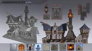 Lighthouse Dock Concept Sheet Atec Concept Artist Scene Design Building Concept Props Concept