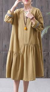 Women Cotton Tunic Dress 2019 Women Yellow Pleated Spliced Spring Casual Loose Midi Dress In 2020 Loose Midi Dress Cotton Tunic Dress Pleats Fashion