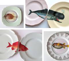Hands painted portrait painting vector magic fish with a kitten inside. Fish Plates Bloesem