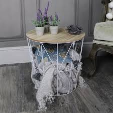 White Metal Wire Basket Wooden Top Side Table Storage Table Sidetable Baskettable Homedecor Homeaccessori In 2020 Side Table With Storage Side Table Wooden Tops
