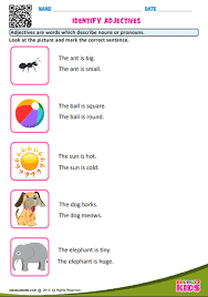 English Identify Adjectives Worksheets For The Kids Of Grade 1 Help Kids To Learn Adjectives In An Inn Adjective Worksheet Describing Words English Adjectives