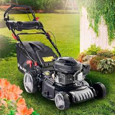 Petrol lawn mower cutting a large residential lawn