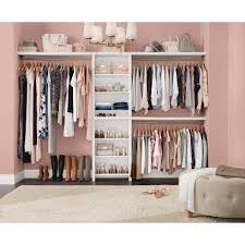 Closet with clothes, bags, boxes and shoes. Closetmaid Impressions Basic 60 In W 120 In W White Wood Closet System 53861 The Home Depot