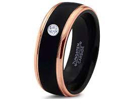 Black Tungsten Ring 18k Rose Gold Black Band Black Wedding Bands White Diamond Mens Wedding Band B Black Tungsten Rings Rose Gold Wedding Bands Black Rings