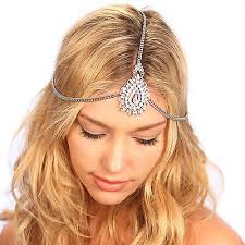 Kristin Perry Silver Tikka Crystal Pendant Chain Bridal Headpiece Headband 
