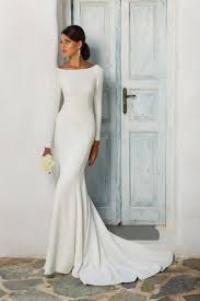 Crepe Long Sleeved Wedding Dress With Beaded Illusion Back