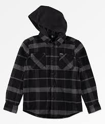 Black And Grey Flannel Volcom Boys Shader Hooded Flannel Shirt Zumiez Hooded Flannel Flannel Hoodie Plaid Hoodie