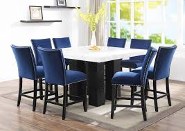 We offer a wide variety of marble and granite products for your home or business. Camila Brown White Square Marble Top Dining Set W 8 Chairs Blue Velvet Ivan Smith Furniture
