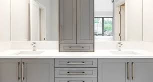 Paired with quartz countertops, a gray vanity can look particularly elegant in a traditional or contemporary bathroom. Dark Gray Shaker Bathroom Vanity