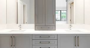 We find the bathroom comfortable because of the design that includes the large windowpane and the small stairs leading to the tub. Dark Gray Shaker Bathroom Vanity Kitchen Cabinet Depot