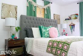 The metal center accent panels keep your pillows secure when you lounge against the headboard and provide an extra pop of color at the foot, while the turned spindles reference traditional metal bedframes and maintain the airy feel that have made them popular for so many years. Pink Green Boho Bedroom Makeover Home Projects Makeovers