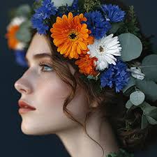 Gambar Seorang Wanita Yang Memakai Tudung Bunga Dengan Bunga Biru Dan Oren,  Perempuan, Memakai, Bunga Latar belakang untuk Muat turun Percuma