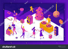New Year Party 3d Isometric Illustration Dj Playing Club Disco Music People Dancing Christmas Tree Pr Isometric Illustration Holiday Poster New Years Party