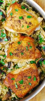 One Pan Chicken Thighs With Mushroom Rice Chicken Recipes Chicken Thighs Mushrooms Poultry Recipes