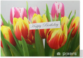 Non è un buon compleanno se non doni fiori freschi. Poster Scheda Di Buon Compleanno Con I Tulipani Colorati