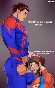 miguel ohara, peter b parker, peter parker, spider-man (2099),  marvel, spider-man: across the spider-verse, spider-man (series),  spider-verse, absurdres, bad source, highres, 2boys, blue bodysuit,  bodysuit, broad shoulders, multiple boys ...