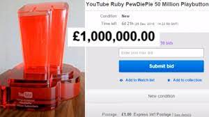 The ruby play button awarded to youtube channels with 50,000,000 (fifty million) subscribers or more. Pewdiepie Reviews Craigslist Items Shares Epic Throwback To 50m Play Button On Ebay