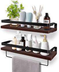 Amazon Com Soraken Floating Shelves Wall Shelves Wall Mounted Bathroom Shelf Rustic Wood Wall Storage Shelves For Kitchen Bathroom Living Room And Bedroom Set Of 2 With Removable Towel Holder Vintage Black Kitchen