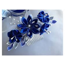 Hair Comb Royal Blue Cobalt Blue Silver And White Kanzashi Flowers Liked On Polyvore Featuring Blue Themed Wedding Cobalt Blue Weddings Royal Blue Wedding