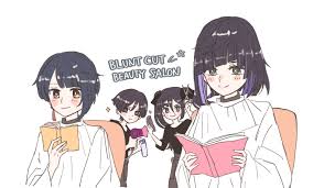 cocotsuko1204, mona (genshin impact), scaramouche (genshin impact), xingqiu  (genshin impact), yelan (genshin impact), genshin impact, 2boys, 2girls,  asymmetrical hair, blue hair, blunt bangs, blush, book, bottle, comb, dark  blue hair, earrings, green