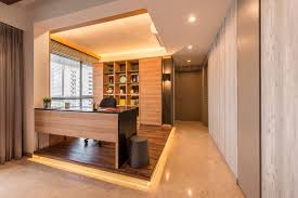Study In A Raised Platform Located Within The Living Room Study Room Design Home Study Rooms Modern Study Rooms