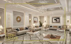 مجلس نساء نيوكلاسيك بدرجات اللون البيج و استخدم المصمم الكنب ذات الخشب الثقيل و تصميم البانوهات في الح Ceiling Design Bedroom Luxurious Bedrooms Luxury Design