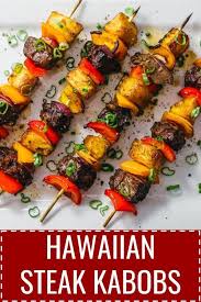 Grill the kabobs directly over the heat turning occasionally and basting with remaining marinade for 5 to 10 minutes, or until they are cooked the way you like them. Crazy Good Hawaiian Steak Kabobs Hawaiian Steak Marinade Easy Recipe Grilling Broiling Baking Beef K Steak Kabobs Beef Kabob Recipes Beef Kabob Marinade