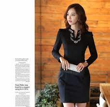 Model baju wanita kerah v. Pakaian Kerja Formal Kerah V Neck Dress Formal Untuk Wanita Eksekutif Busana Rok Gaun Model Pakaian