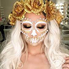 White And Gold Sugar Skull Halloween Hair By Powderroomd Halloween Costumes Makeup Sugar Skull Makeup Halloween Makeup