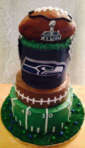 Seahawks Super Bowl Xlviii Cake Top And Bottom Tiers Are Blue And Green Layers Of Cake With A Skittles Buttercream Filling Footb With Images Seahawks Cake Superbowl Cake