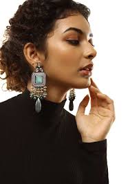 Buy Grey Toned Earrings With Carved Green Stones In Square Shape Along With  Green Semi Precious Drops