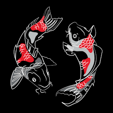 Two Japanese koi carp fishes line drawing, with red and gray abstract  shapes and Minimal art design, on black background Vector illustration.Designs  for T shirts,Tattoos,Stickers,Logo or Posters 13570733 Vector Art at  Vecteezy