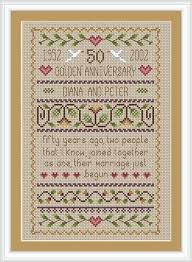 A contemporary 50th anniversary cross stitch design intended to be stitched as a gift for a special couple celebrating their golden wedding anniversary. Little Dove Designs Golden Wedding Printed Cross Stitch Chart