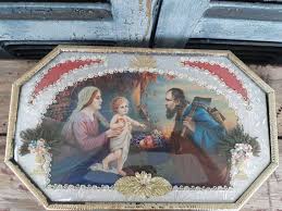 Vintage Holy Family Diorama Bubble Glass 1955 Traditional Shadow Box Shrine 
