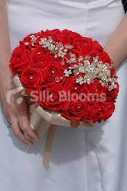 Vibrant Red And Gold Crystal And Pearl Brooch Bridal Wedding Bouquet Handle Wrapped With A Gold Sat Gold Wedding Bouquets Red Wedding Flowers Wedding Bouquets